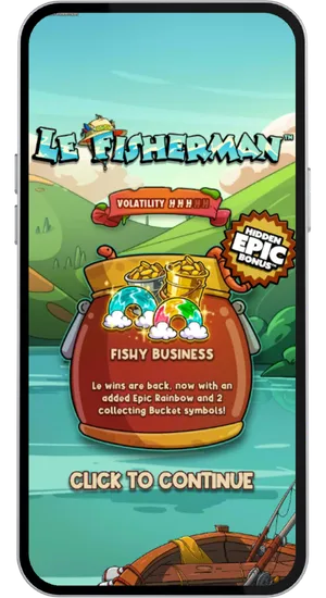 Casino game library with the slots filter active and Le Fisherman by Hacksaw Gaming displayed in the search results