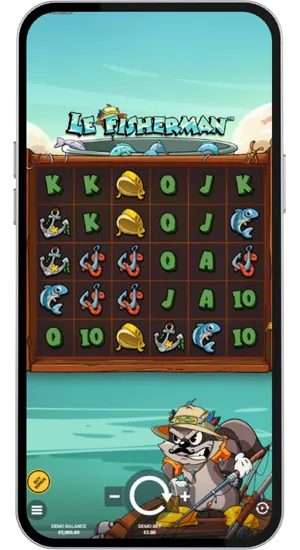 Le Fisherman base game showing the full six by six cluster grid with fish anchors bells and card symbols on a wooden board backdrop
