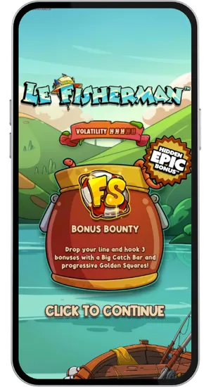 Le Fisherman bonus bounty intro screen showing the FS symbol inside a barrel with hidden epic bonus label and click to continue prompt