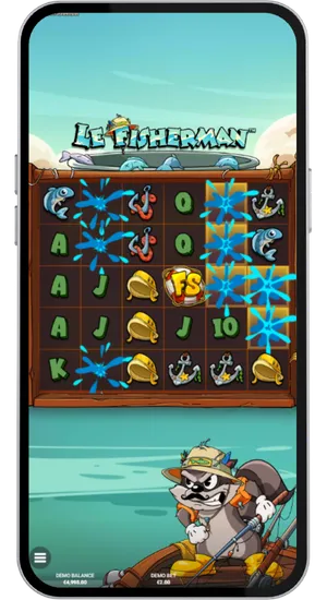 Le Fisherman super cascades feature in action with blue burst animations removing a large winning cluster and golden squares lighting up on the right side