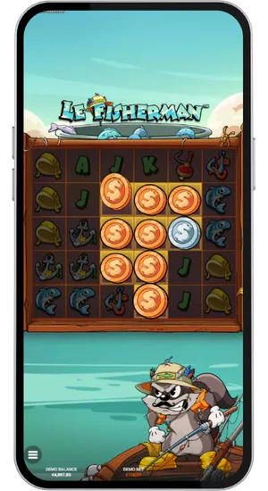 Le Fisherman gold and silver coin scatter symbols covering the centre of the reels during a high value spin with a large win counter displayed at the bottom