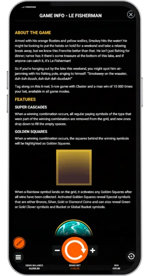 Le Fisherman game info screen describing the about the game story super cascades mechanic and golden squares feature with a rainbow symbol illustration