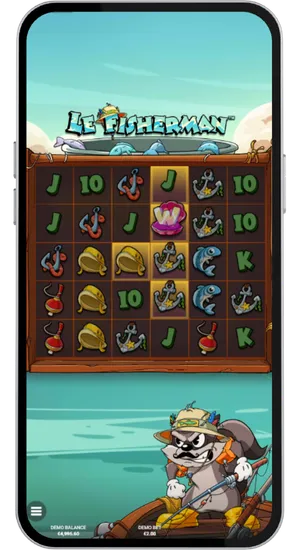 Le Fisherman wild shell symbol landing on the grid with surrounding golden squares highlighted and mixed high and low value symbols visible across all six rows