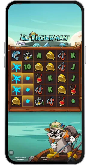 Le Fisherman slot in progress with a cluster win highlighted on the reels and the cashier withdrawal screen shown alongside