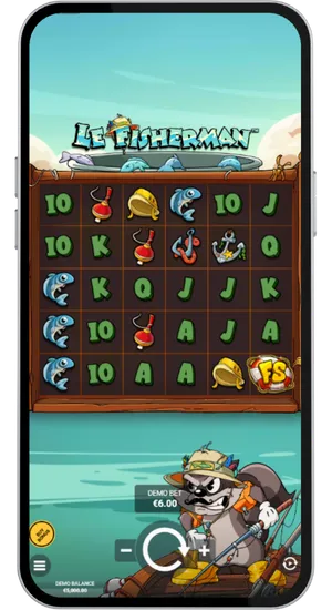 Le Fisherman bet panel showing the stake selector set between £0.10 and £50 before spinning the 6x6 cluster grid